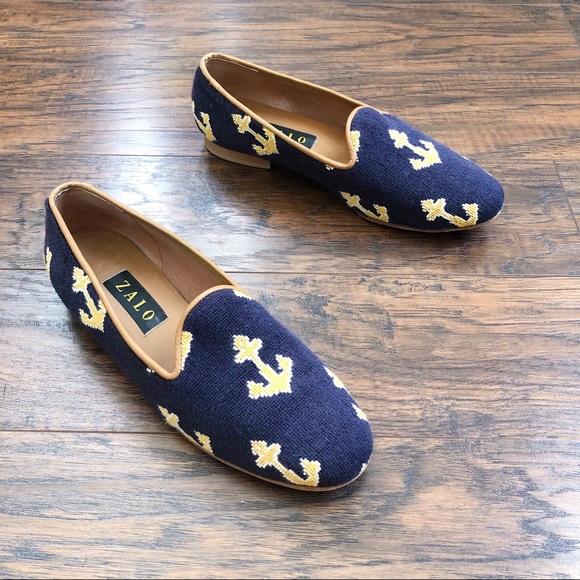 Zalo Shoes Zalo Needlepoint Smoking Loafers Slipper Anchor Navy
